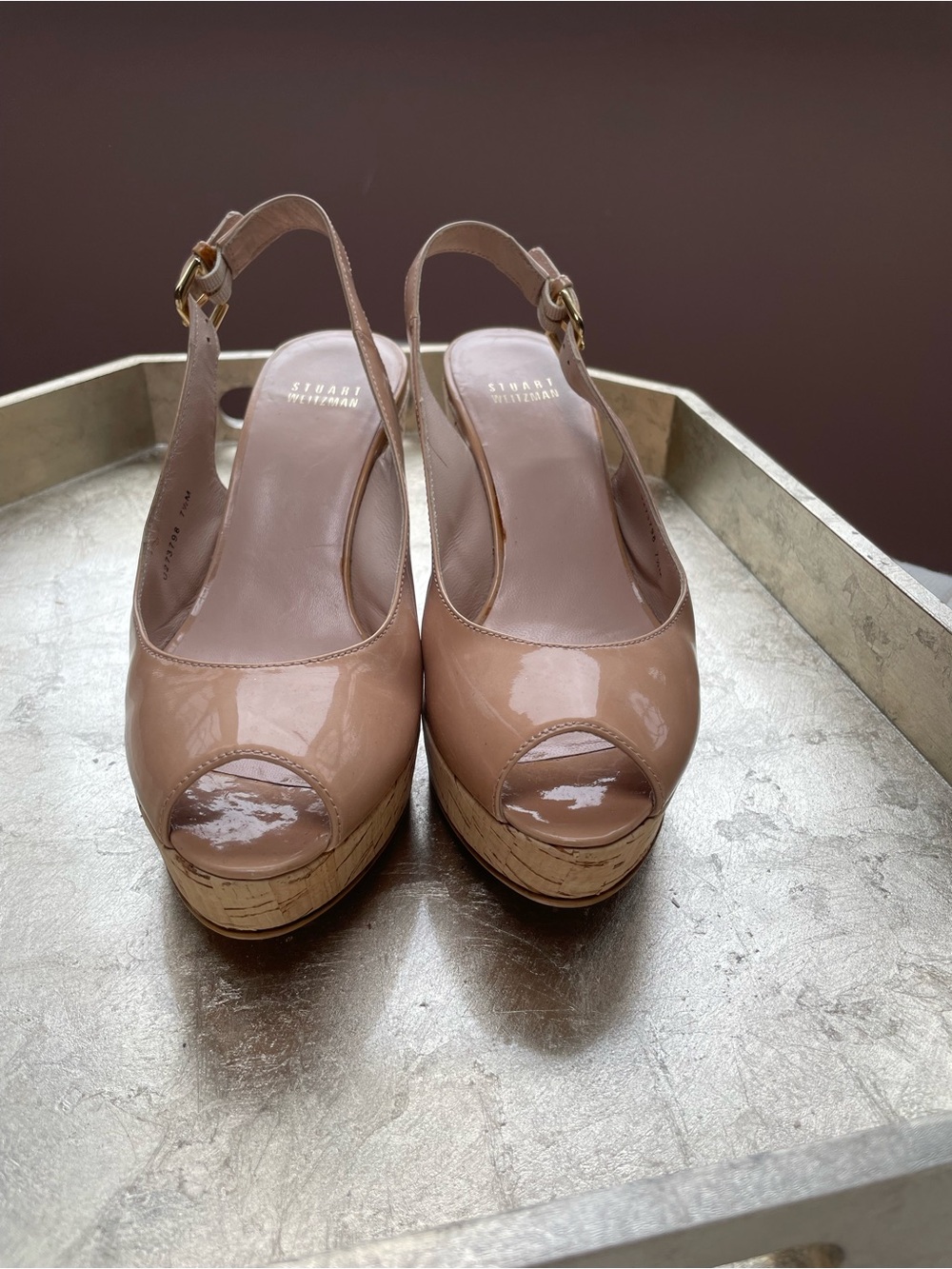 Stuart Weitzman Nude Patent Peep-Toe Cork Wedge Slingbacks